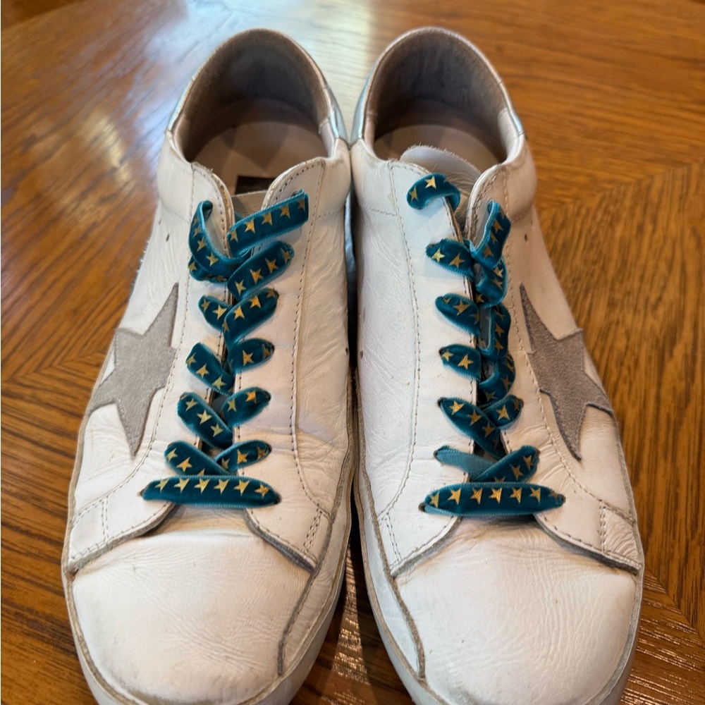 Golden Goose White Sneakers with Silver Star and Blue Laces